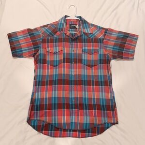 Wrangler Short Sleeve Plaid Pearl Snap Button-Down Shirt - Red & Blue